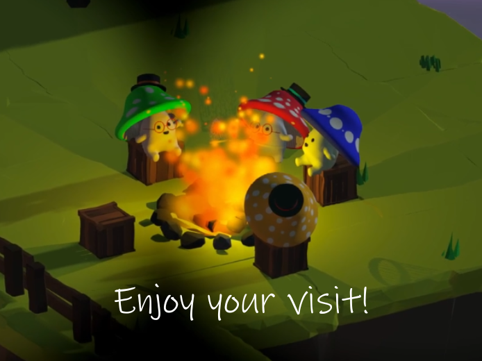 A group of shroo are gathered together, sitting around a cozy campfire at night. Below is written: 'Enjoy your visit!' From the critical thinking game MushWhom?.