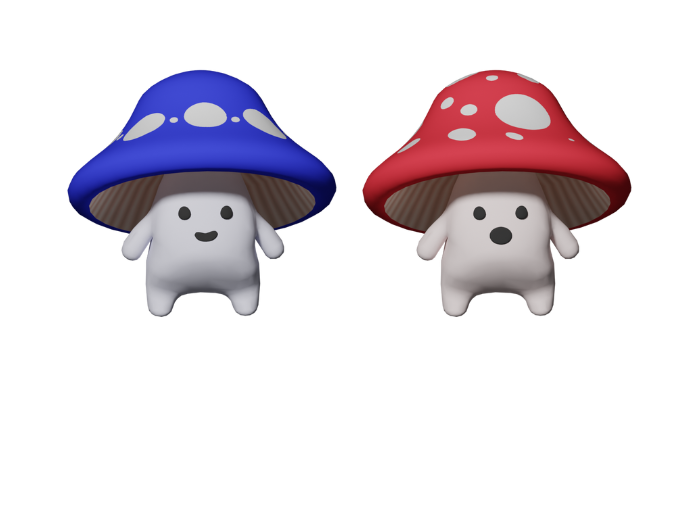 A blue and red shroo standing next to each other. Below is written: 'Figure out who is whom.' From the critical thinking game MushWhom?.