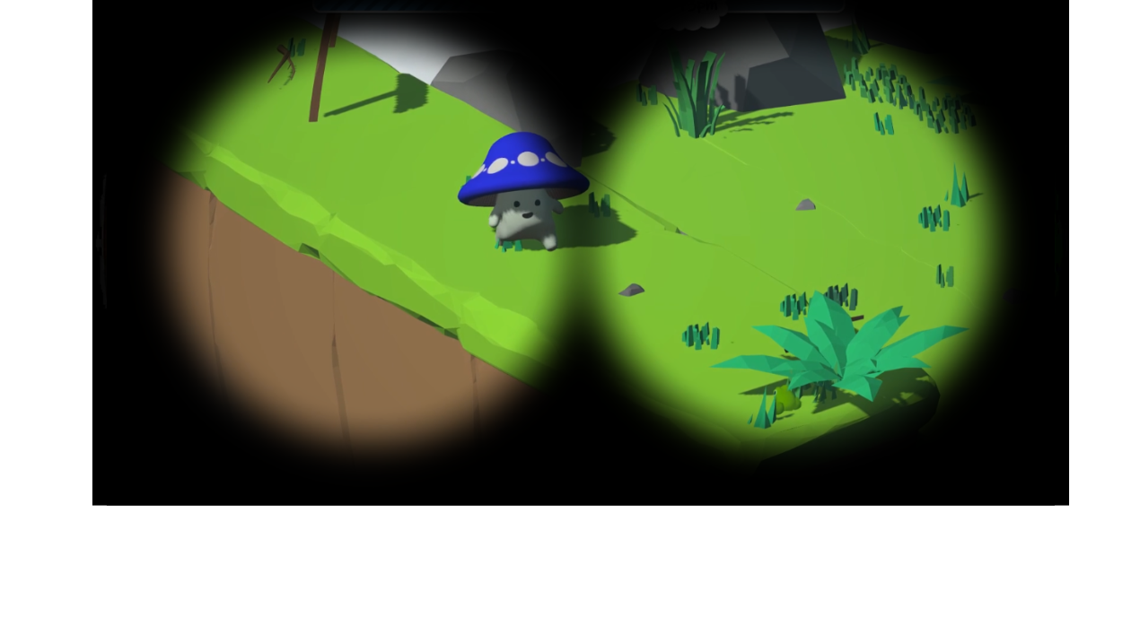 Binoculaur view of a blue shroo walking along a grassy path. Below is written 'Observe the shroo.' From the critical thinking game MushWhom?.